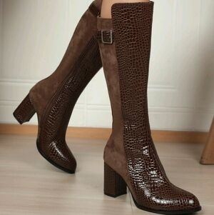 Women’s Brown Croc-Embossed Knee Boots